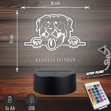 Rottweiler - 3D LED LÁMPA - Egyedi felirattal
